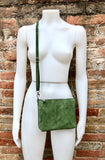 Suede leather bag in moss green. Cross body bag, shoulder bag in GENUINE leather. Small leather bag with adjustable strap and zipper.