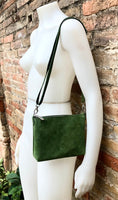 Suede leather bag in moss green. Cross body bag, shoulder bag in GENUINE leather. Small leather bag with adjustable strap and zipper.