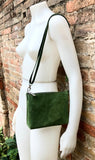 Suede leather bag in moss green. Cross body bag, shoulder bag in GENUINE leather. Small leather bag with adjustable strap and zipper.