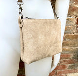 Suede leather bag in LIGHT BEIGE. Cross body bag, shoulder bag in GENUINE leather. Small leather bag with adjustable strap and zipper.