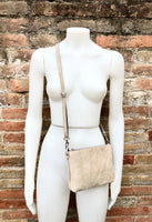 Suede leather bag in LIGHT BEIGE. Cross body bag, shoulder bag in GENUINE leather. Small leather bag with adjustable strap and zipper.