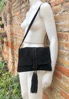 Cross body bag. BOHO leather bag in Black . Soft genuine suede leather. Crossover, messenger bag in suede.With zipper and flap