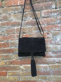 Cross body bag. BOHO leather bag in Black . Soft genuine suede leather. Crossover, messenger bag in suede.With zipper and flap