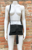 Cross body bag. BOHO leather bag in Black . Soft genuine suede leather. Crossover, messenger bag in suede.With zipper and flap