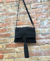 Cross body bag. BOHO leather bag in Black . Soft genuine suede leather. Crossover, messenger bag in suede.With zipper and flap