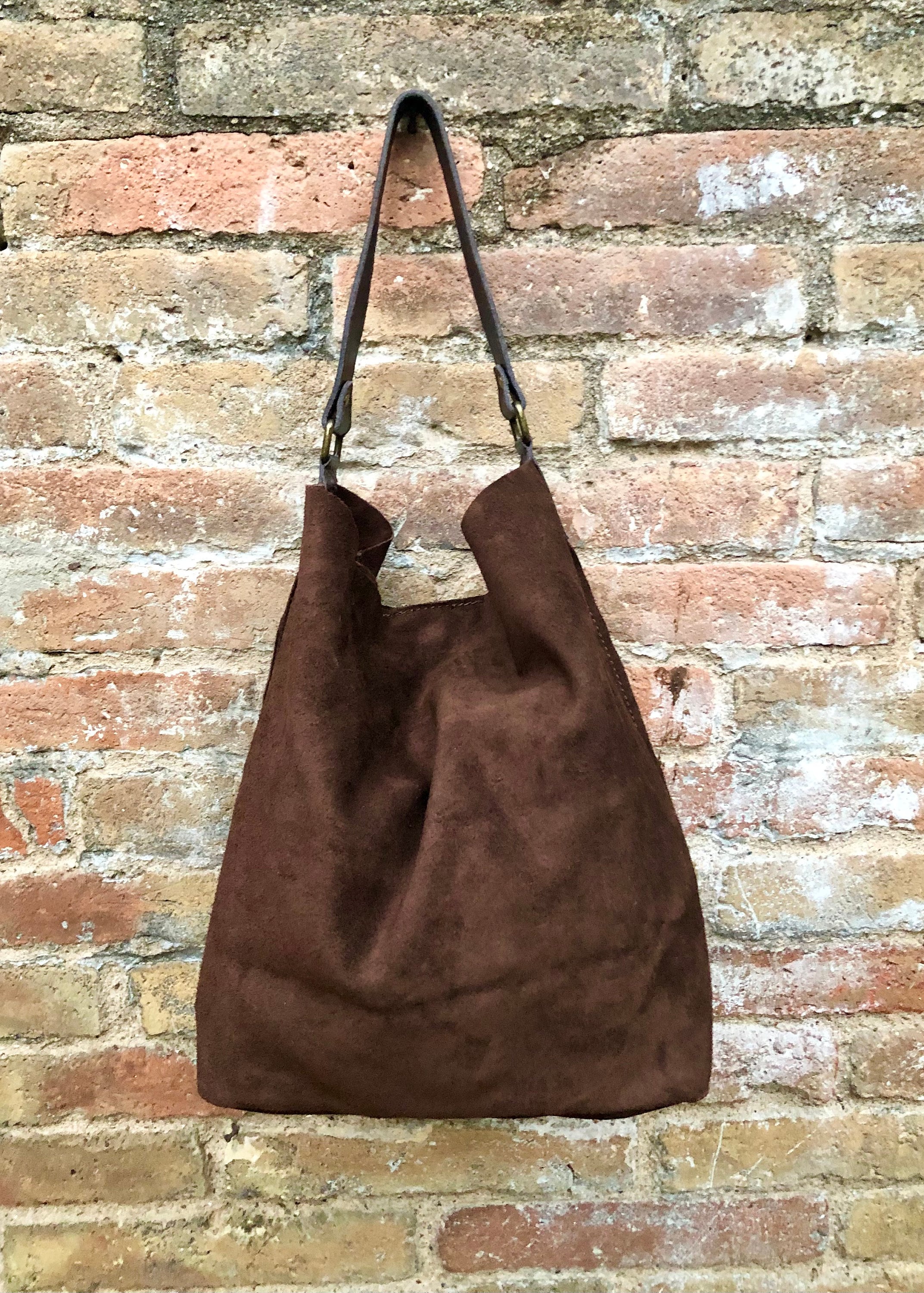 Slouch leather bag in dark brown. Chocolate brown hobo bag. Boho bag.Book or tablet bags in suede. Dark camel brown soft leather shopper