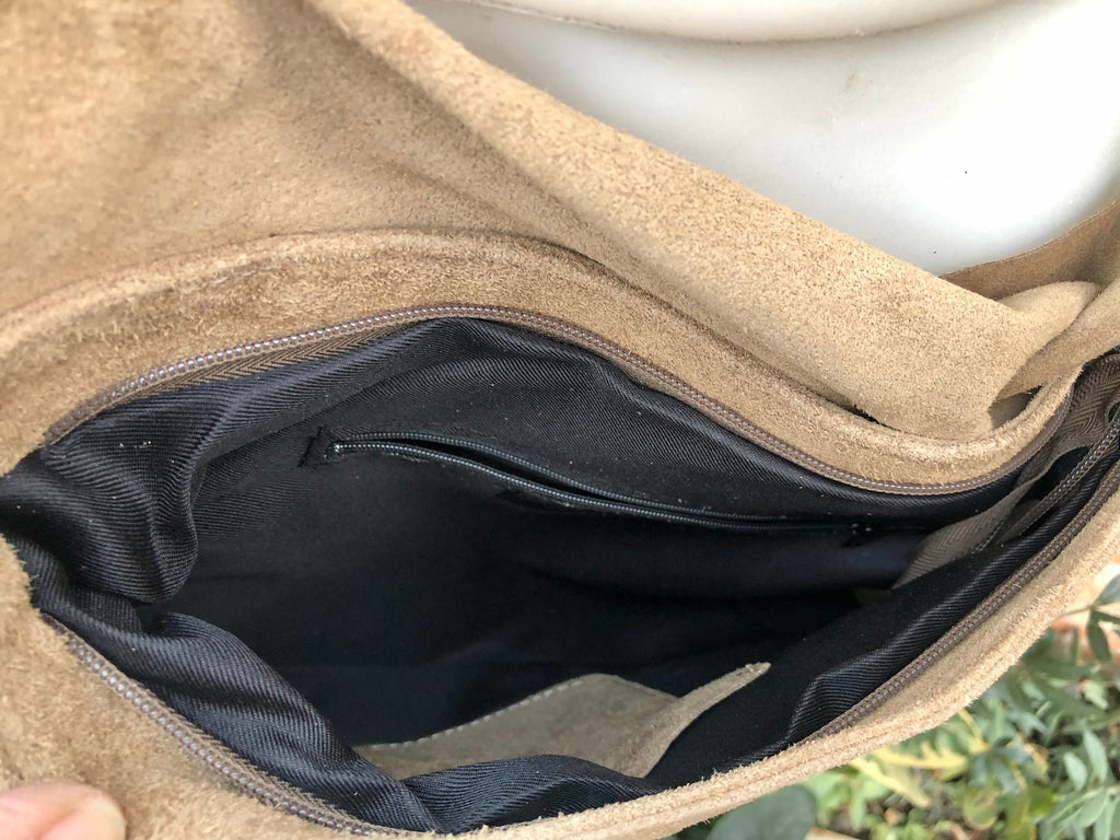 Cross body suede bag. GENUINE leather bag in TAUPE brown. Greyge BOHO natural leather bag. Messenger bag in suede for books, tablets...