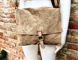 Cross body suede bag. GENUINE leather bag in TAUPE beige-brown. BOHO natural leather bag. Messenger bag in suede for books, tablets...