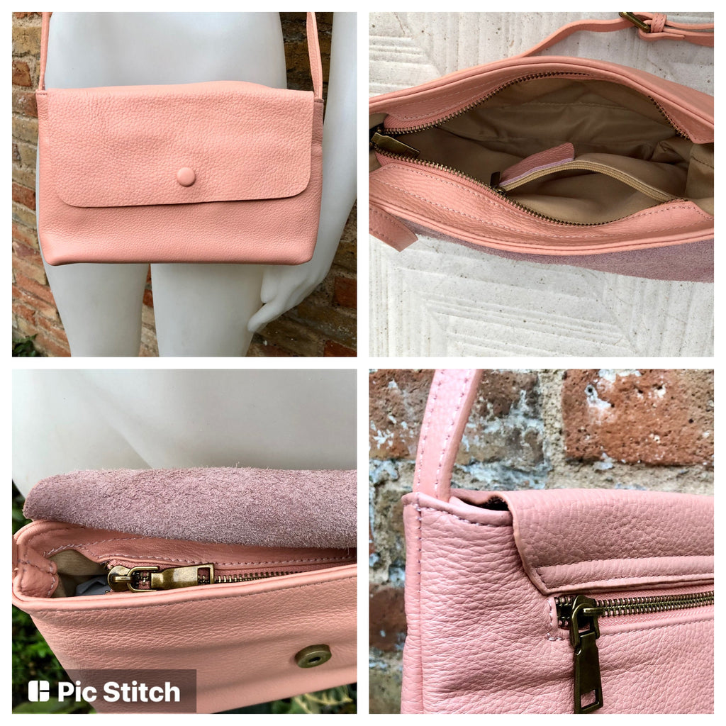 Small leather bag in pink. Cross body or shoulder bag in GENUINE leather. Pink leather bag with adjustable strap, zipper and flap.