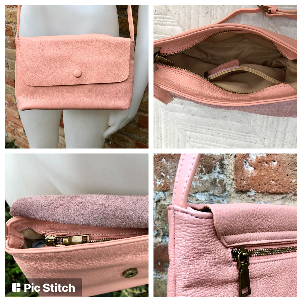 Small leather bag in pink. Cross body or shoulder bag in GENUINE leather. Pink leather bag with adjustable strap, zipper and flap.