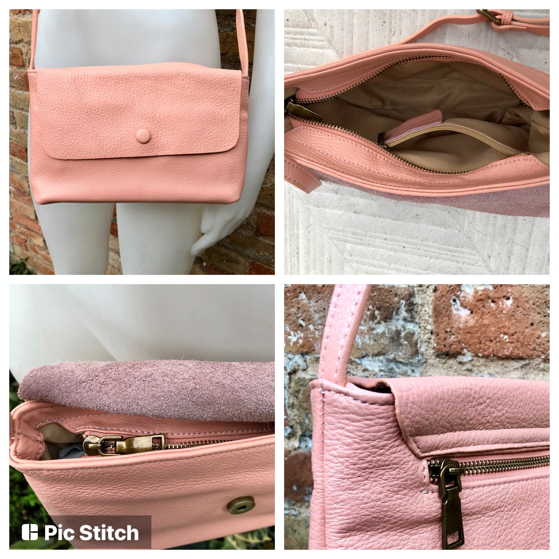 Small leather bag in pink. Cross body or shoulder bag in GENUINE leather. Pink leather bag with adjustable strap, zipper and flap.