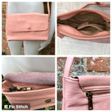 Small leather bag in pink. Cross body or shoulder bag in GENUINE leather. Pink leather bag with adjustable strap, zipper and flap.