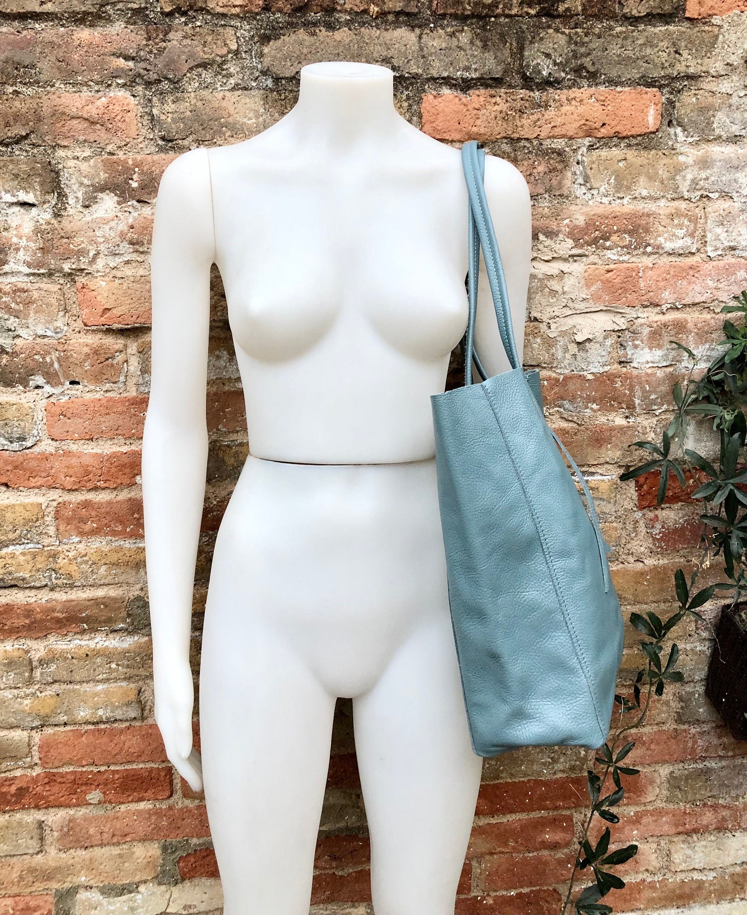 Blue - gray tote leather bag with ZIPPER. Genuine leather shopper bag. Large carry all bag for your laptop, books. Soft BLUE leather purse