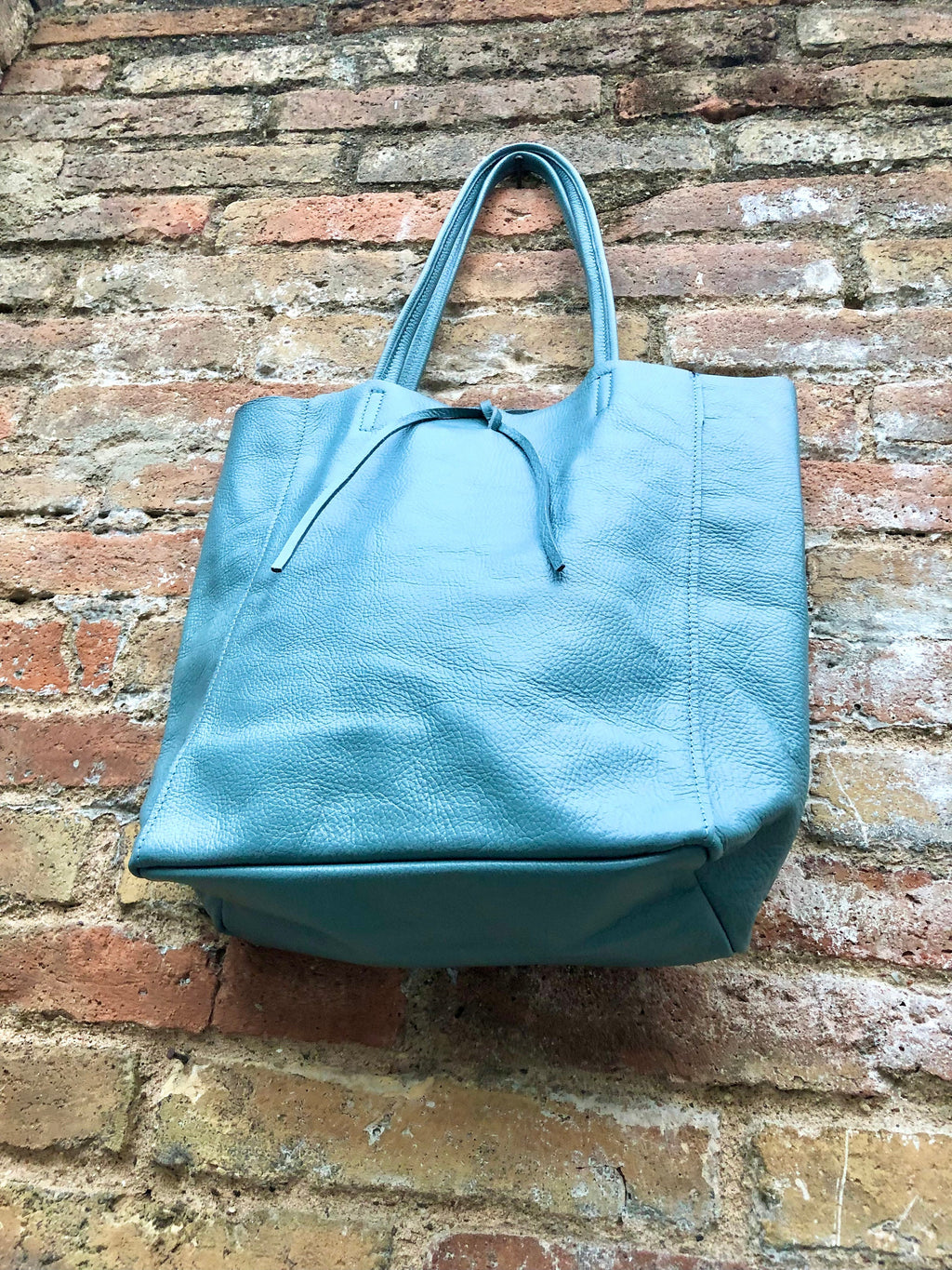 Blue - gray tote leather bag with ZIPPER. Genuine leather shopper bag. Large carry all bag for your laptop, books. Soft BLUE leather purse