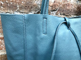 Blue - gray tote leather bag with ZIPPER. Genuine leather shopper bag. Large carry all bag for your laptop, books. Soft BLUE leather purse