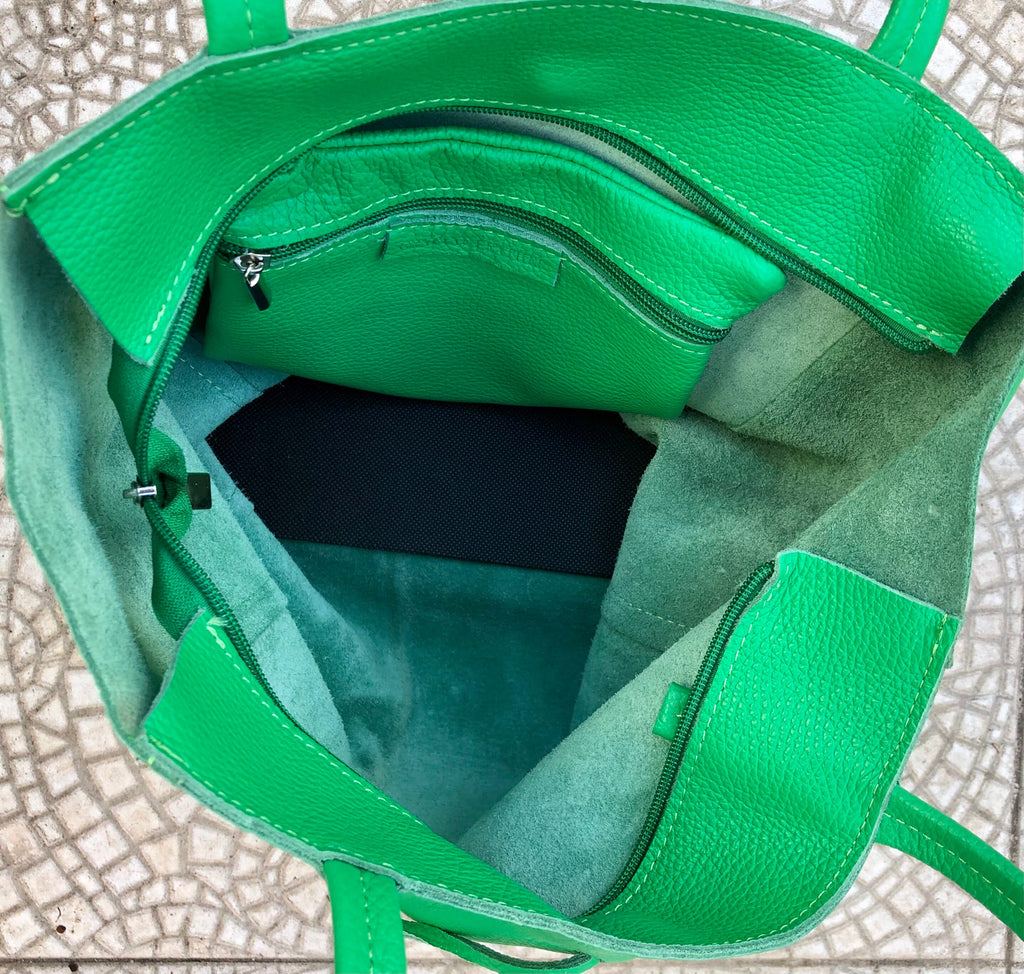 Shopper bag in GREEN. Genuine leather tote bag with ZIPPER. Laptop bag, office bag to carry your tablet or books. Large carry all hobo bag