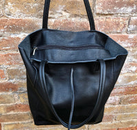 BLACK leather bag with zipper. Genuine leather shopper bag. Large BLACK shoulder bag for your laptop, books