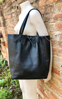 BLACK leather bag with zipper. Genuine leather shopper bag. Large BLACK shoulder bag for your laptop, books