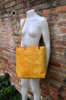 Large TOTE leather bag in MUSTARD yellow. Soft suede, genuine leather bag. Yellow suede bag. Laptop bag in suede. Large cross body bag