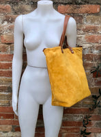 Large TOTE leather bag in MUSTARD yellow. Soft suede, genuine leather bag. Yellow suede bag. Laptop bag in suede. Large cross body bag