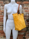 Large TOTE leather bag in MUSTARD yellow. Soft suede, genuine leather bag. Yellow suede bag. Laptop bag in suede. Large cross body bag