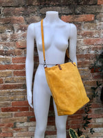 Large TOTE leather bag in MUSTARD yellow. Soft suede, genuine leather bag. Yellow suede bag. Laptop bag in suede. Large cross body bag