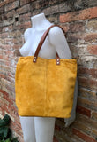 Large TOTE leather bag in MUSTARD yellow. Soft suede, genuine leather bag. Yellow suede bag. Laptop bag in suede. Large cross body bag