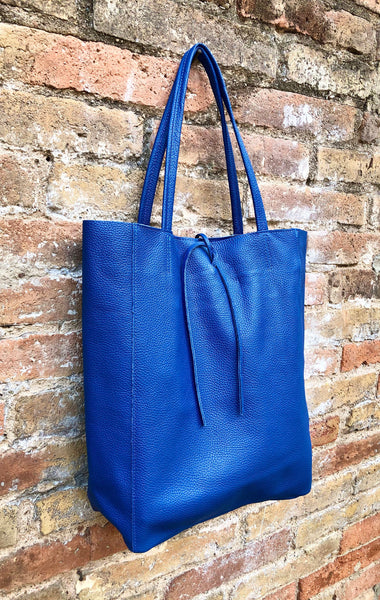 Dark cobalt blue leather bag. Genuine leather shopper. Large royal BLUE shoulder bag for your laptop / books. Soft medium blue leather purse