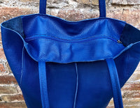 COBALT blue leather bag with zipper. Genuine leather shopper bag. Large BLUE shoulder bag for your laptop, books. Soft leather shopper