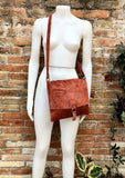 Cross body suede bag. GENUINE leather bag in BURNT orange. BOHO terracotta color bag. Messenger bag in suede for books, tablets...