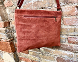 Cross body suede bag. GENUINE leather bag in BURNT orange. BOHO terracotta color bag. Messenger bag in suede for books, tablets...