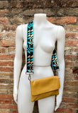 Small leather bag in mustard YELLOW with extra guitar strap. Cross body bag, shoulder bag in GENUINE leather. Yellow bag with zipper + flap