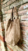 Light brown leather shopper bag in genuine suede. Slouchy tan color carry all tote bag for laptop, tablet, books. Taupe brown leather purse