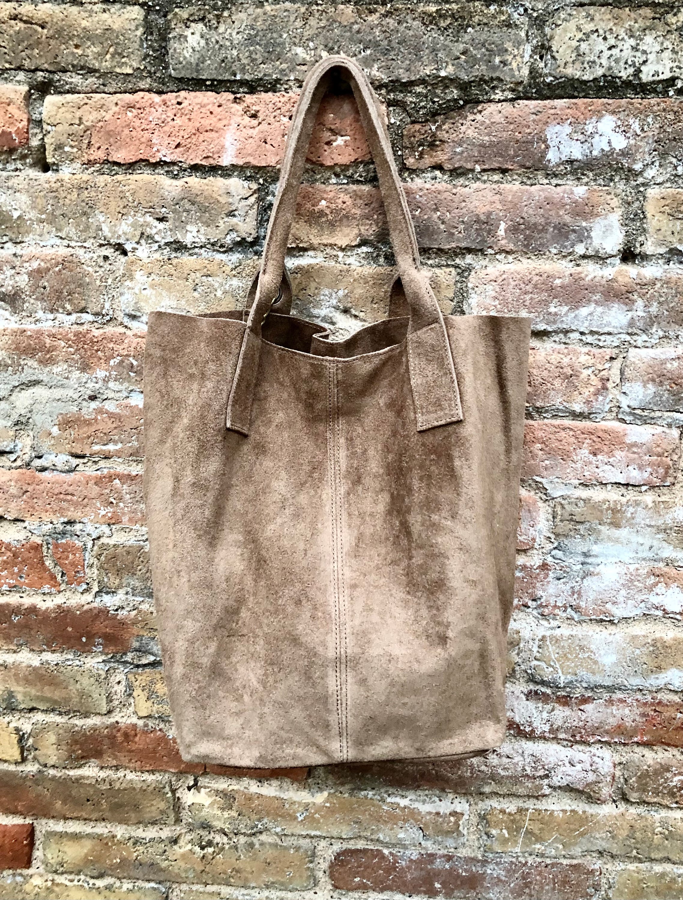Light brown leather shopper bag in genuine suede. Slouchy tan color carry all tote bag for laptop, tablet, books. Taupe brown leather purse