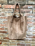 Light brown leather shopper bag in genuine suede. Slouchy tan color carry all tote bag for laptop, tablet, books. Taupe brown leather purse