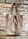 Light brown leather shopper bag in genuine suede. Slouchy tan color carry all tote bag for laptop, tablet, books. Taupe brown leather purse