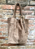 Light brown leather shopper bag in genuine suede. Slouchy tan color carry all tote bag for laptop, tablet, books. Taupe brown leather purse