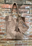 Light brown leather shopper bag in genuine suede. Slouchy tan color carry all tote bag for laptop, tablet, books. Taupe brown leather purse