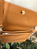 Small camel brown genuine leather bag. Light brown cross body or shoulder bag. Tan leather purse with adjustable strap zipper and flap.