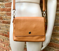 Small camel brown genuine leather bag. Light brown cross body or shoulder bag. Tan leather purse with adjustable strap zipper and flap.