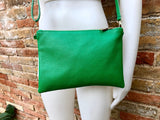 Small leather bag in GREEN .Cross body bag, shoulder bag or wristlet in GENUINE leather. GREEN bag with adjustable strap. Green purse.