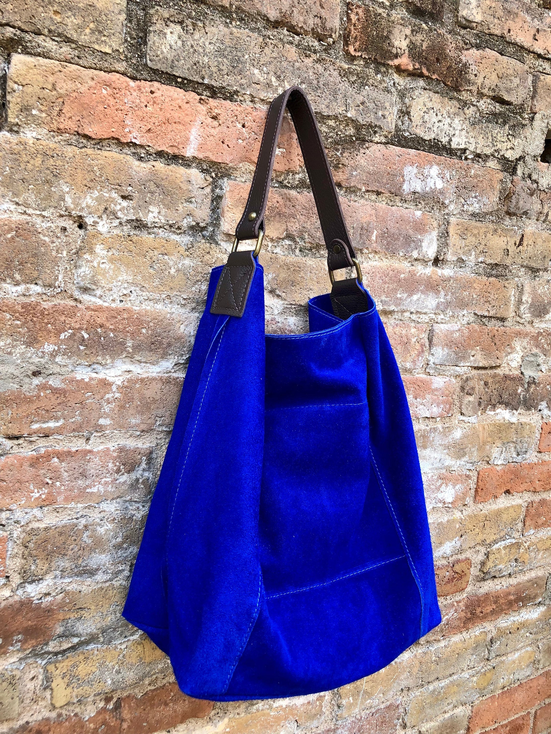 Slouch leather bag in cobalt BLUE genuine leather. Soft suede hobo bag for books / tablets. Blue soft leather shopper. Brown strap