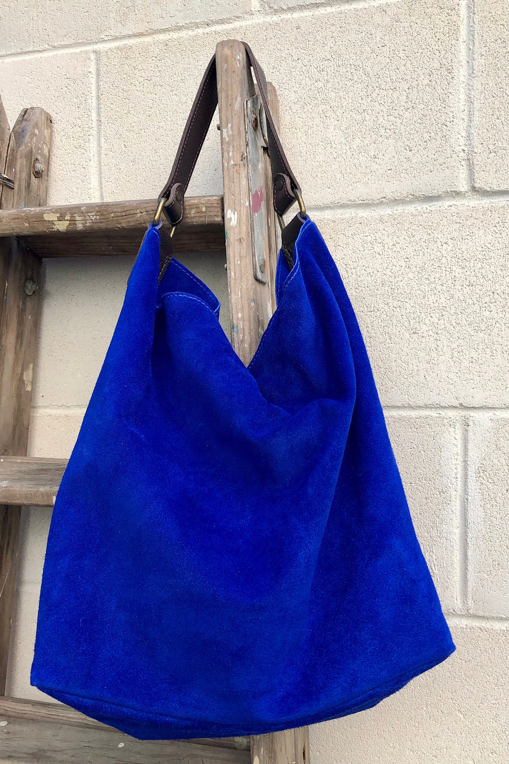 Slouch leather bag in cobalt BLUE genuine leather. Soft suede hobo bag for books / tablets. Blue soft leather shopper. Brown strap