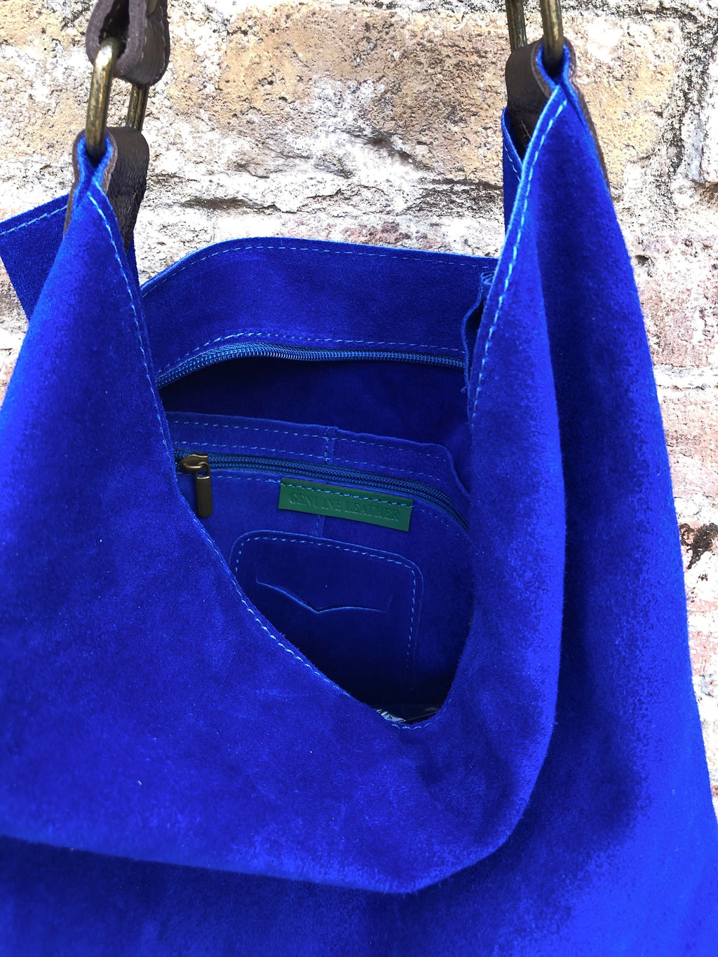 Slouch leather bag in cobalt BLUE genuine leather. Soft suede hobo bag for books / tablets. Blue soft leather shopper. Brown strap