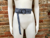 Boho 70s , 80s style BLUE-GRAY suede obi belt. Wrap belt in natural soft suede. waist belt. BLUE wraparound belt in genuine leather