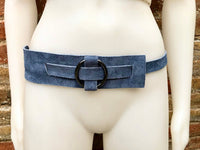 Boho 70s , 80s style BLUE-GRAY suede obi belt. Wrap belt in natural soft suede. waist belt. BLUE wraparound belt in genuine leather