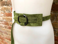 Boho 70s , 80s style GREEN suede OBI belt. Wrap belt in natural soft suede. Green waist belt, Wraparound green belt in genuine leather