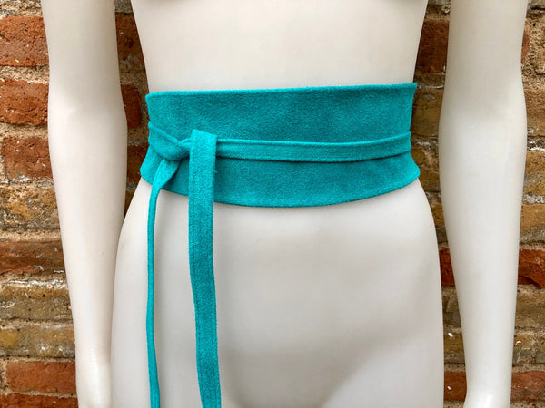 TURQUOISE suede OBI belt in natural soft leather. Blue waist belt. Soft leather belt, beige sash, boho belt, boho wrap belt