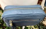 Small leather bag in BLUE. Cross body bag, shoulder bag in GENUINE leather. BLUE bag with adjustable strap and zippers. Gold accents.