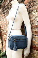 Small leather bag in BLUE. Cross body bag, shoulder bag in GENUINE leather. BLUE bag with adjustable strap and zippers. Gold accents.